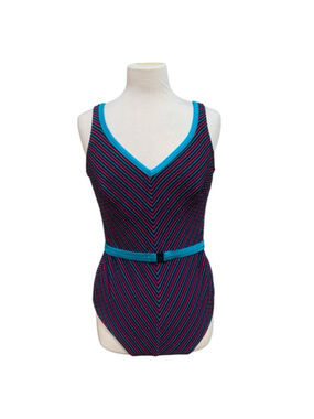 Vntg 80’s Women's Robby Len One Piece Swimsuit Size 16 Pink Blue Striped Volup